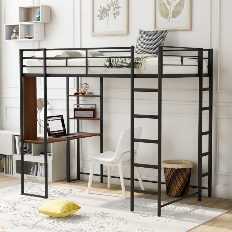 Lit mezzanine en métal avec 2 tablettes et un bureau, noir (ancien SKU: MF281206AAB), Lit simple