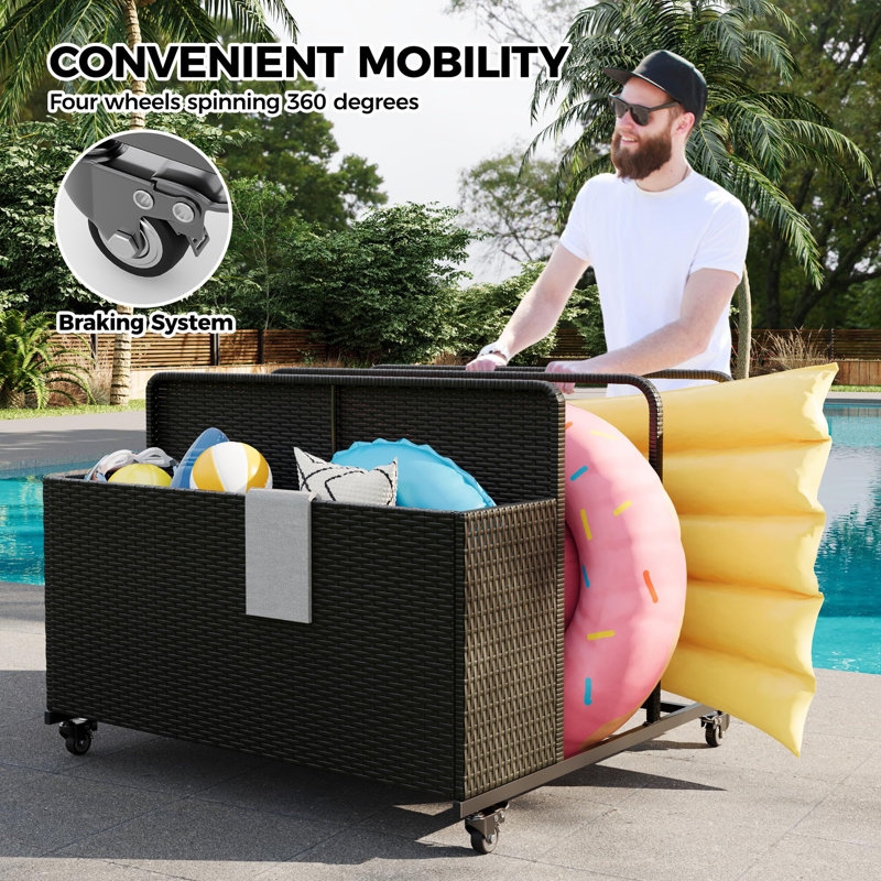 Outdoor Rattan Pool Caddy With Wheels, Outdoor Wicker Patio Poolside Float Storage, Pool Float Caddy for Floaties, Noodles, Life Vests, Beach Balls, Toys