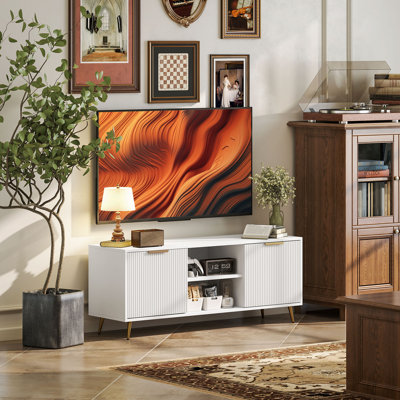 HOMCOM TV Stand for TVs up to 55 Inch Modern Fluted Storage Cabinets White