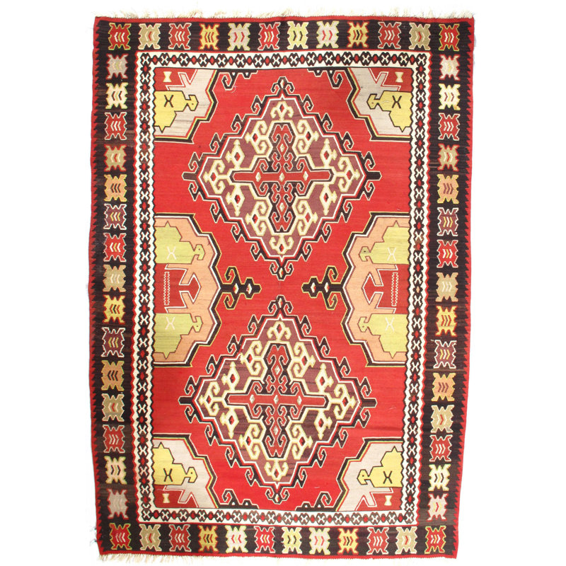 Tapis rouge / jaune en laine tissé à la main Turkish Kilim Southwestern