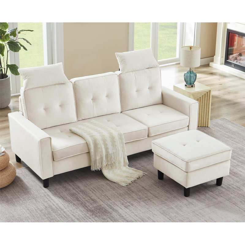 Canapé réversible avec repose-pieds Nikiforos, Velours blanc