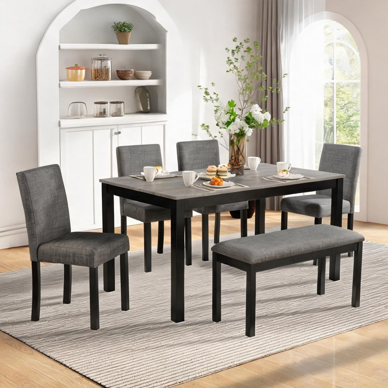 Ensemble de table de salle à manger pour 6 personnes avec banc et chaises rembourrés, finition gris ardoise et bois noir, table de cuisine rectangulaire moderne pour la salle à manger