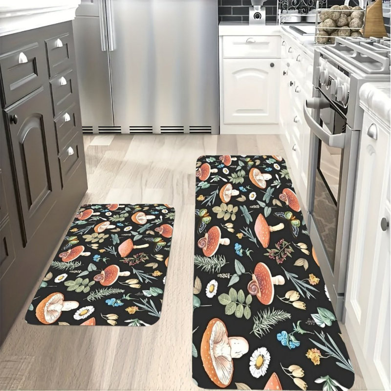 Ensemble de 2 tapis de cuisine noirs en forme de champignon et papillon noir pour décor de maison de campagne fantaisiste