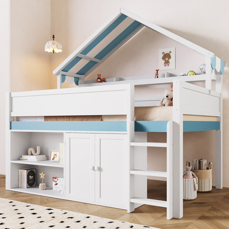 Lit mezzanine avec toit à baldaquin et armoire de rangement, Blanc / Bleu
