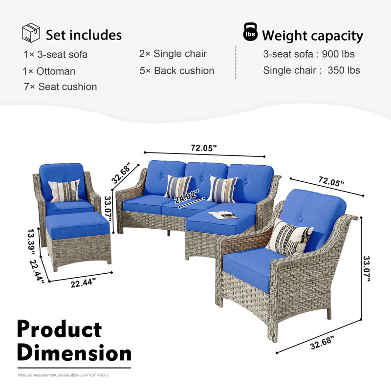Harper Wicker 7 - Person Patio Conversation Set with Cushions, Navy