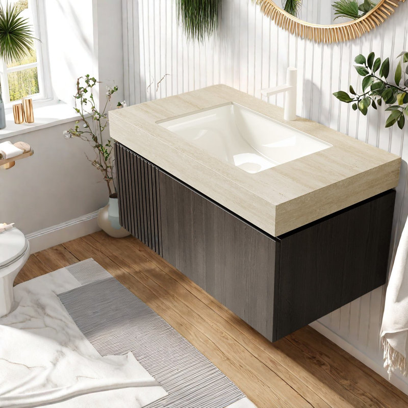 Meuble-lavabo de luxe avec armoire à grain de bois espresso et lavabo en céramique pour les salles de bain modernes