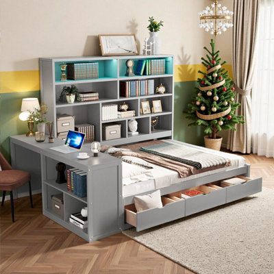 Wooden Multifunctional Daybed with Desk, Storage Shelves, 3 Drawers & Lights, Full Size Modular Design