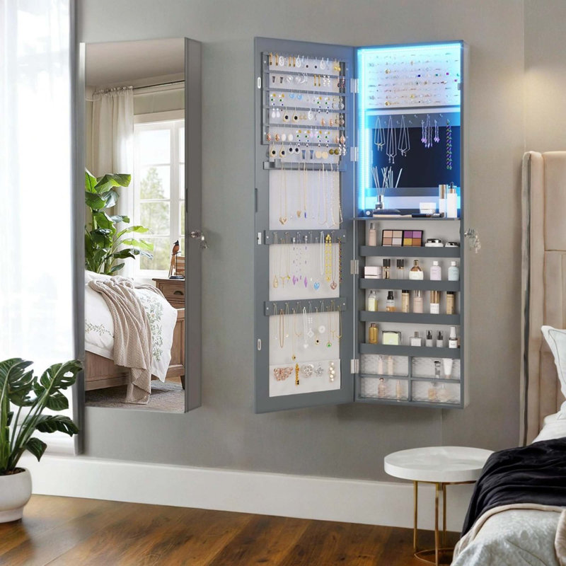 47.2 In. Led Hanging Jewelry Armoire Organizer Cabinet With Full Length Mirror, Gray
