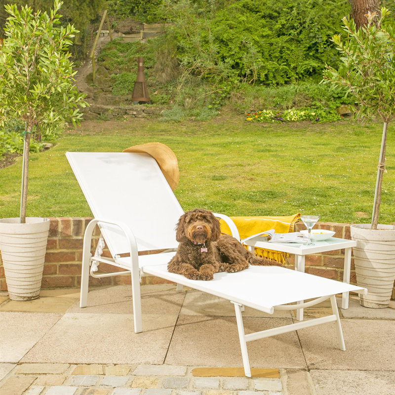 Sussex Sun Loungers and Table Set - 2 Garden Adjustable Loungers with 2 Side Table - Modern Design, White