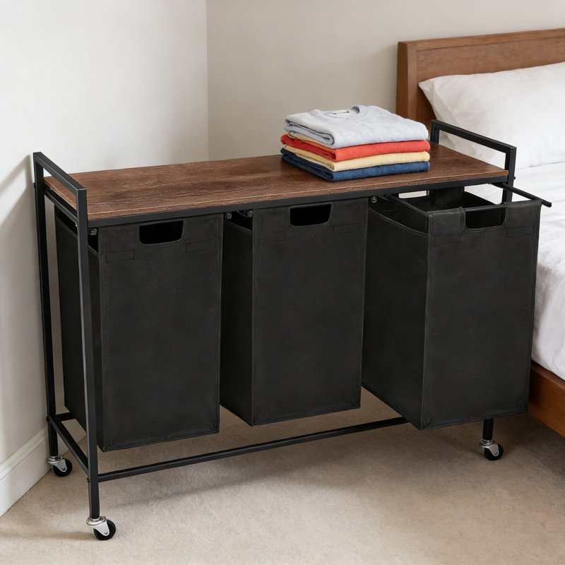 3-Section Rolling Laundry Sorter With Removable Bags And Storage Shelf, Heavy-Duty Metal Frame With Locking Wheels For Home Organization