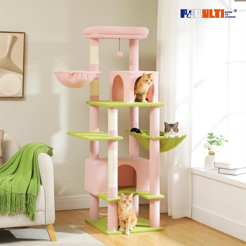 Arbre à chat 66 po, tour pour chat avec poteau à griffes recouvert de sisal, très grand hamac en métal et 2 grands condos