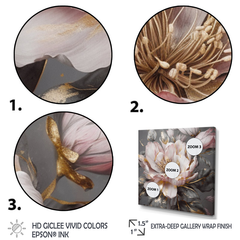 Rose et gris pivoines en fleurs III - pivoines, art mural, H 16 po x l 16 po, Encadrement argenté