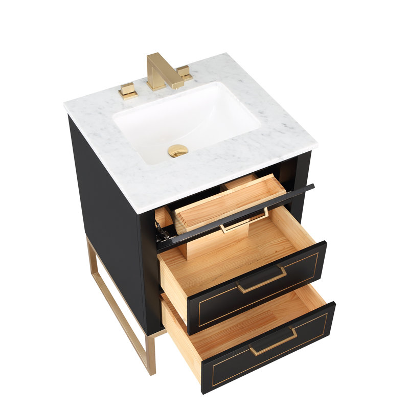 Markham 24'' W Single Vanity, Midnight Black, Carrara Marble, Satin Brass