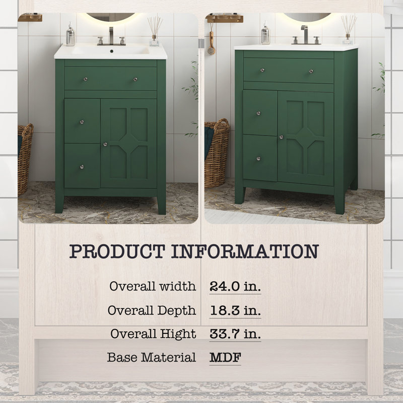 Meuble-lavabo de salle de bain moderne 24 po avec lavabo en céramique et 2 tiroirs Green, Vert