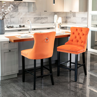 Élégant velours à boutons, mousse haute densité, pieds en bois, de 2 (capitonnage orange contemporain orange, fabrication en bois massif, soutien du dos)