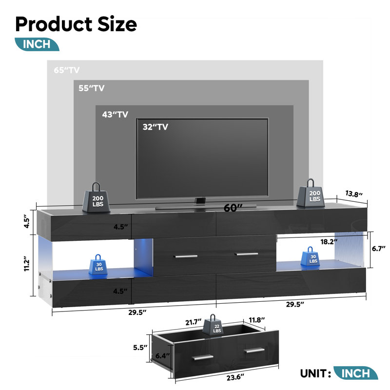 Kruszewski 60 inch  Glossy TV Stand Fits TV Up to 65 inch with Drawer and LED Light Stone Grain Media Console, Black