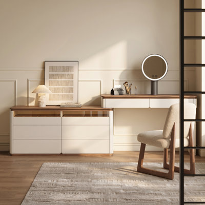 Extendable Makeup Vanity Desk with Led Light,8 Drawers Modern Cream Vanity Desk for Bedroom