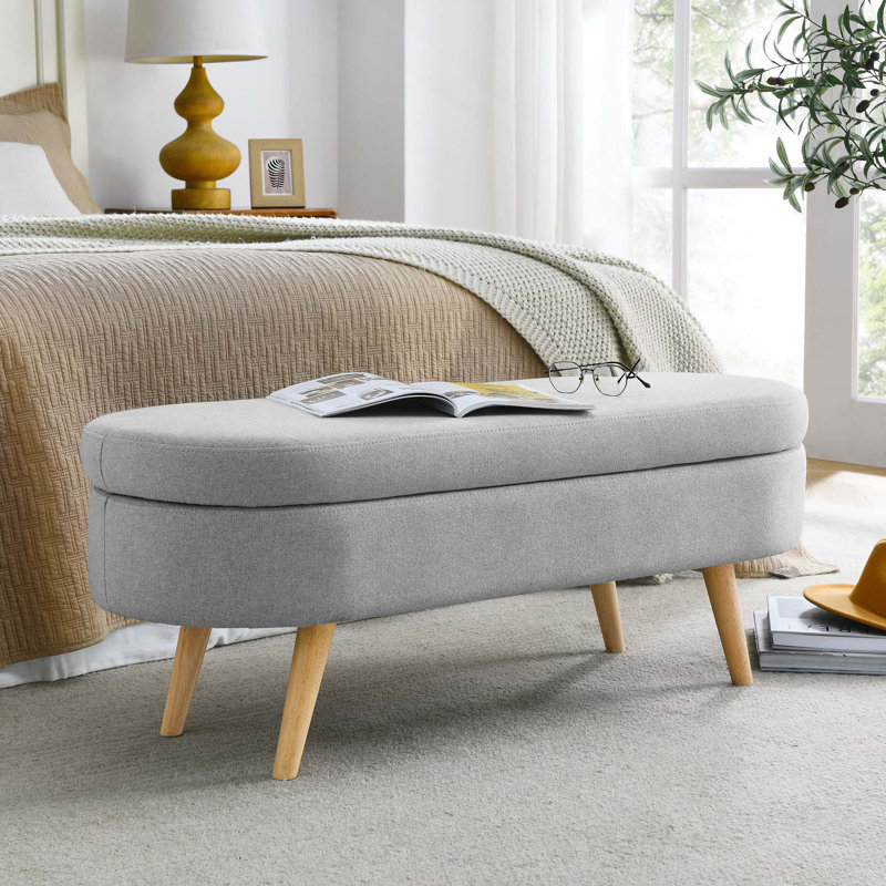 Ottoman Oval Storage Bench With Rubber Wood Legs For Footstool Seat And Storage Function, Gray, Natural