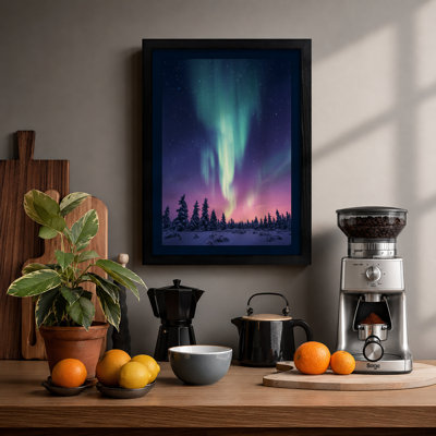 Aurora Over Silent Forest Scandinavian - Framed Print