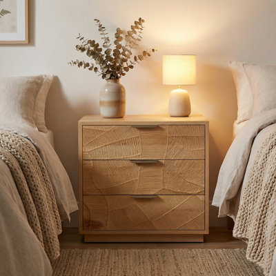 Rustic Solid Wood 3-Drawer Nightstand With Hand-Carved Door & Stainless Steel Handles