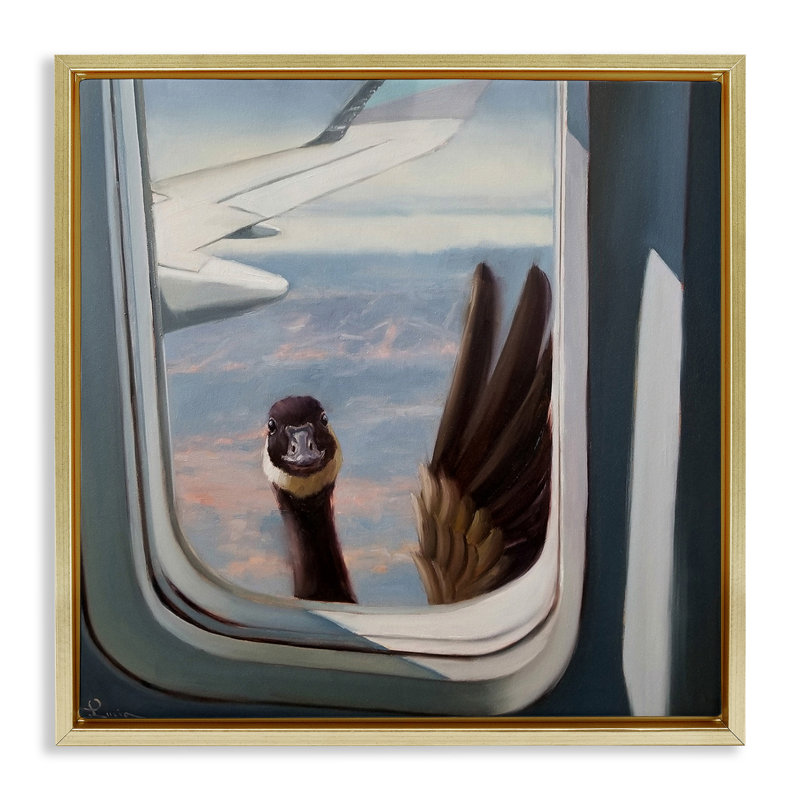 «Goose in Air plane Window Scene», art mural encadré par Lucia Heffernan, Cadre flottant métallique doré, H 18 po x l 18 po