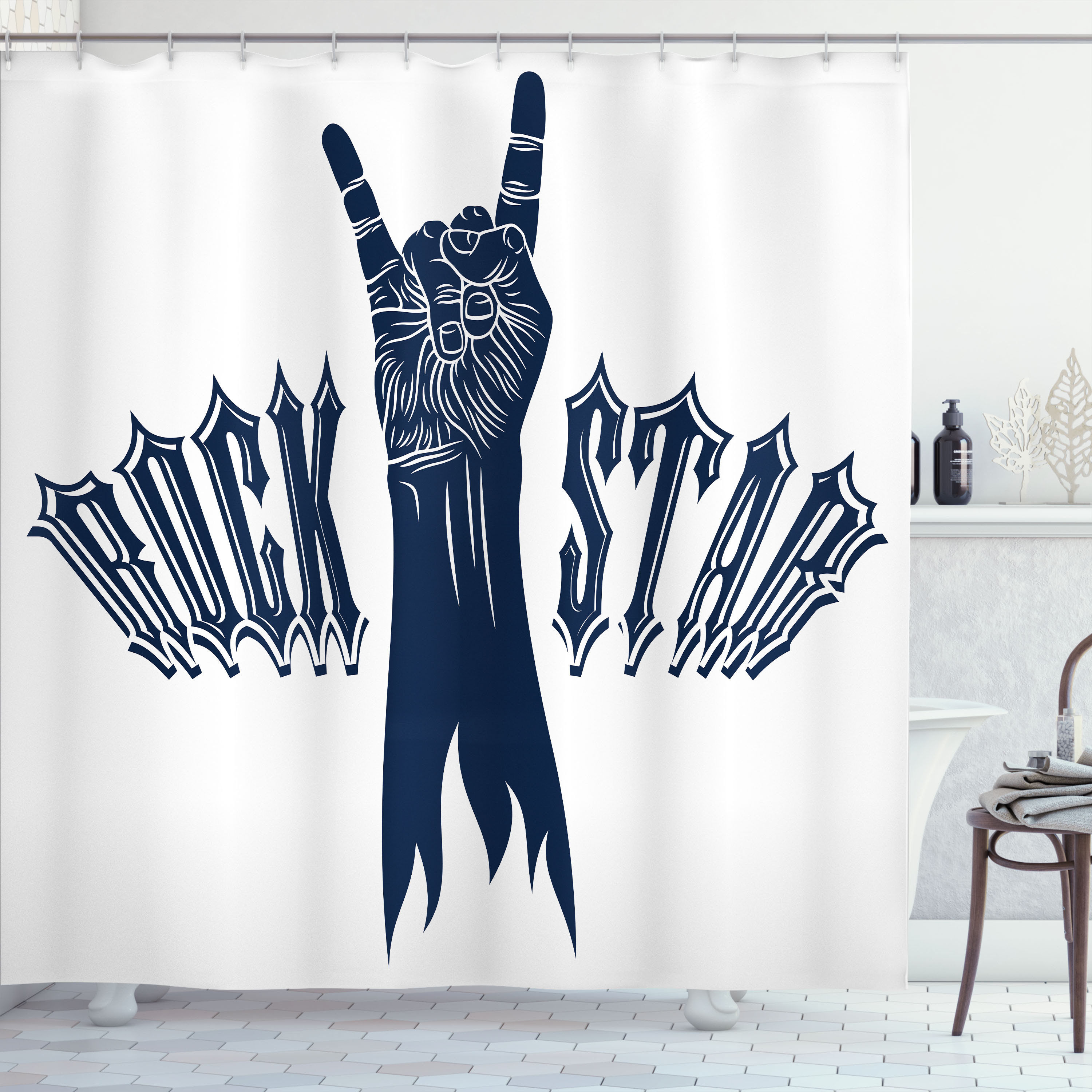 Ivy Bronx Rock and Roll Shower Curtain Rock Star Dark Violet Blue White