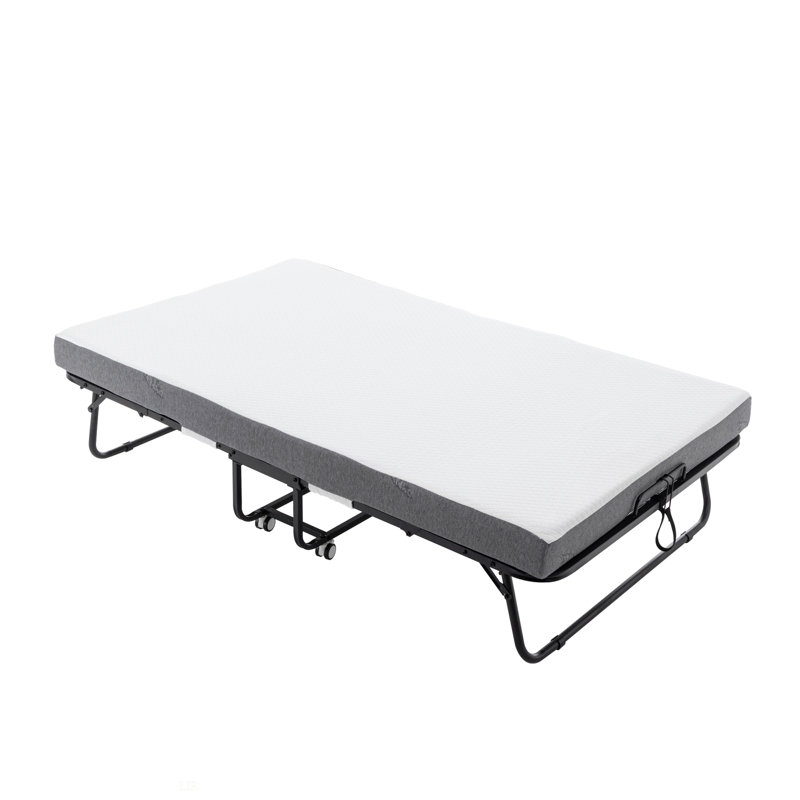 Folding Bed Cot With Mattress For Adults, 75 Inches Foldable Metal Frame Bed For Guest With Memory Foam Mattress On Wheels, Saving Space Rollaway Bed, Bed Frame