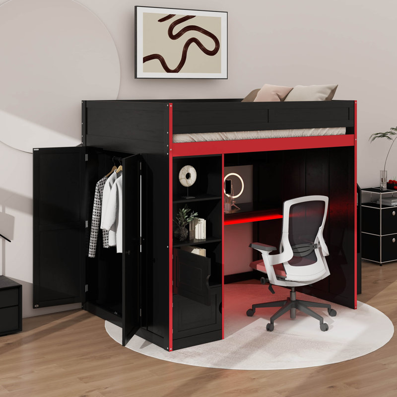 Lit mezzanine avec bureau et rangement, lumières DEL, double Gaming, Double