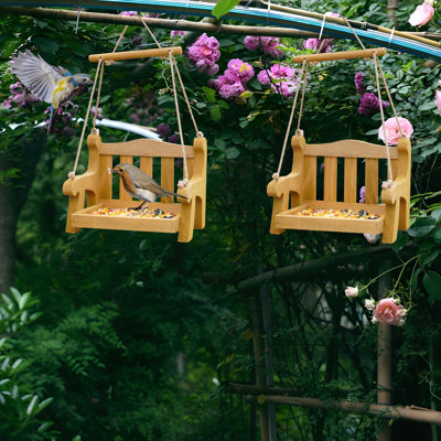 Ensemble de 2 mangeoires d'oiseaux sauvages pour l'extérieur, fond en filet de métal, mangeoires en forme de banc en bois pour suspendre l'extérieur, mangeoire d'oiseaux pour chaise de balançoire pour patio, décoration de porche