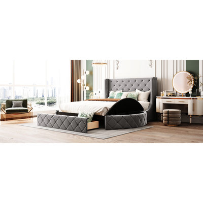 Queen Size Velvet Bed With Wingback , Big Storage Drawer, Two Side Stools, Frame, 10 Slats Platform Headboard, One Base, For Mattress, No Box Spring N