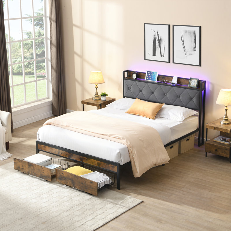 Bed Frame with Storage and LED Lights, Enhancing Bedroom Comfort and Functionality, Queen