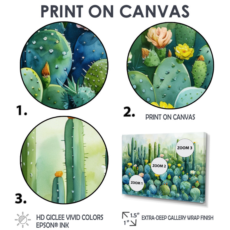 Vert, vert, désert, jardin de cactus - impression de cactus floral, Toile avec cadre flottant noir