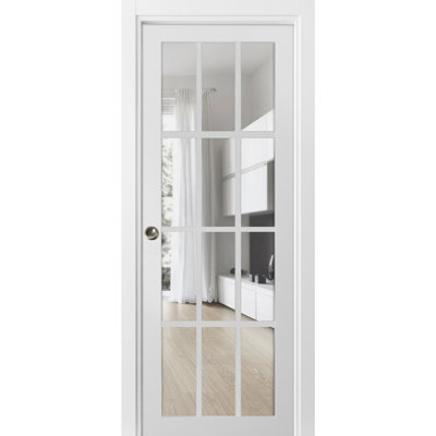 Porte coulissante à galandage avec vitrage transparent 12 carreaux Felicia 3355 Blanc Soie, trousse de garnitures, quincaillerie, bois massif, intérieur de chambre, portes robustes - 91,4 cm x 203,2 cm