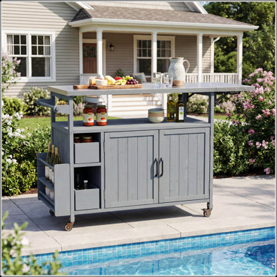 Farmhouse Rolling Outdoor Kitchen Cart with Stainless Steel Top, Multi-Functional Storage, and Lockable Wheels for Patio and Backyard BBQ