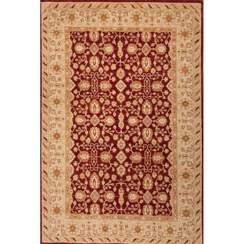 Tapis unique en laine noué à la main de 6 pi x 9 pi rouge / brun / beige
