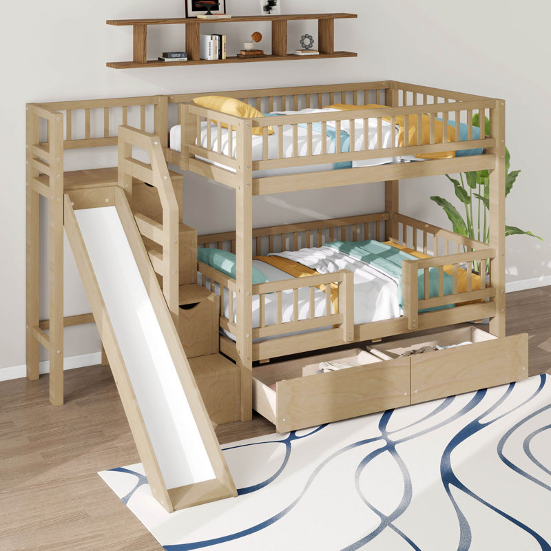 Lit superposé simple au-dessus de simple avec escalier de rangement, escalier en bois massif avec glissière et 2 tiroirs