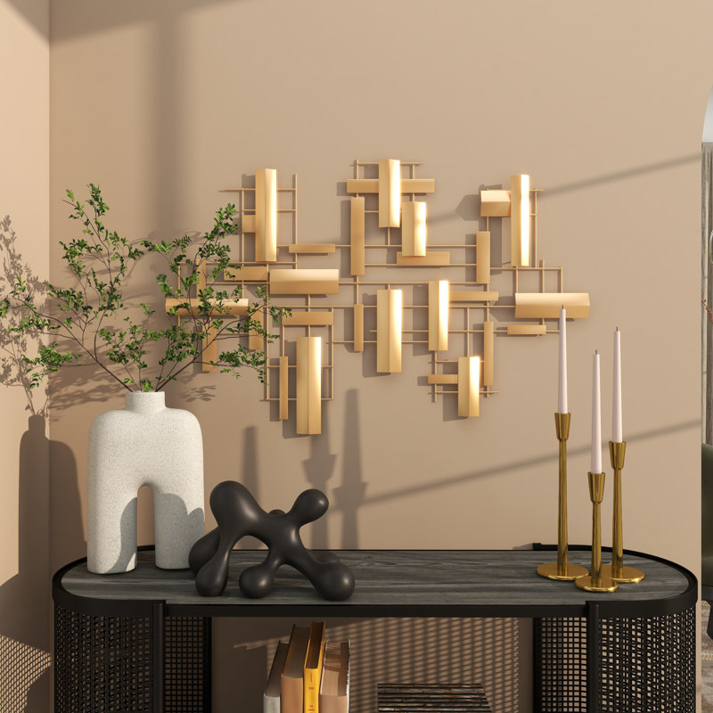 Gold Metal 3D Stripe Geometric Rectangle Wall Art, 36"x23"
