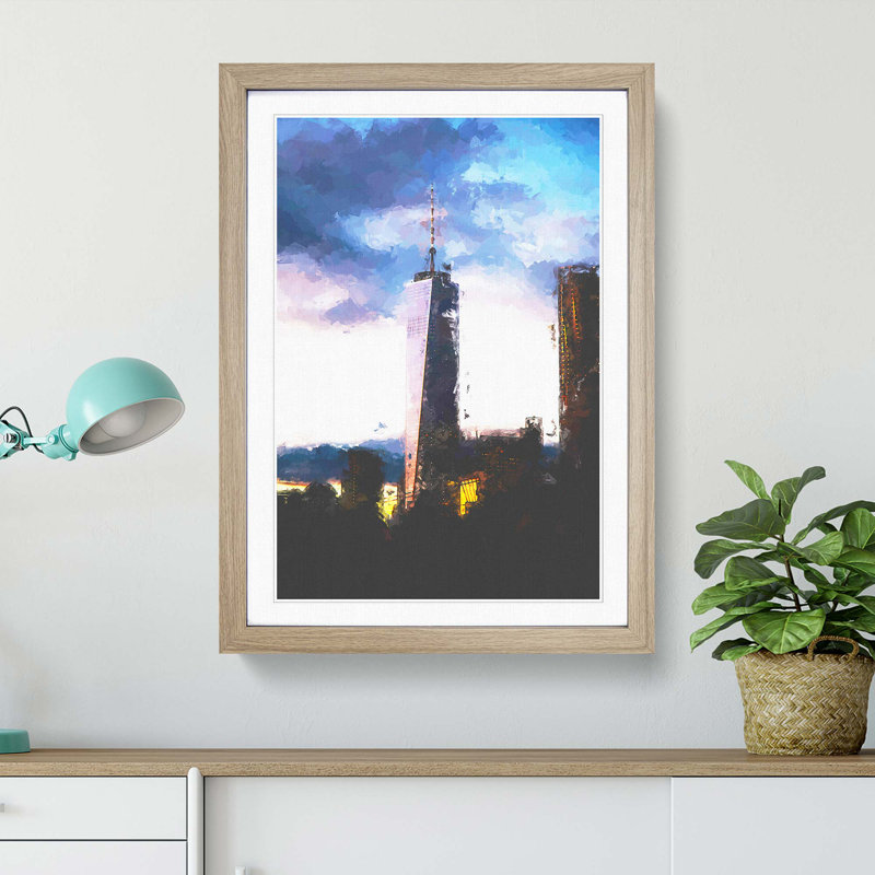 One World Trade Centre New York in Abstract - Picture Frame Graphic Art Print, 65cm H x 48cm W x 2cm D, Oak Framed