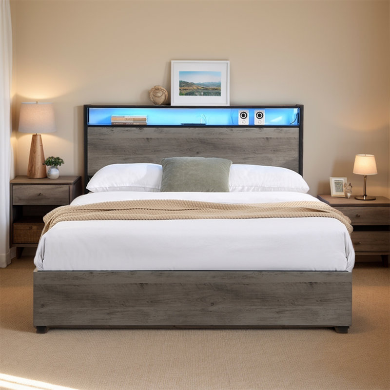 LED Bed Frame With Drawers,Headboard And Charging Station, Brown, King