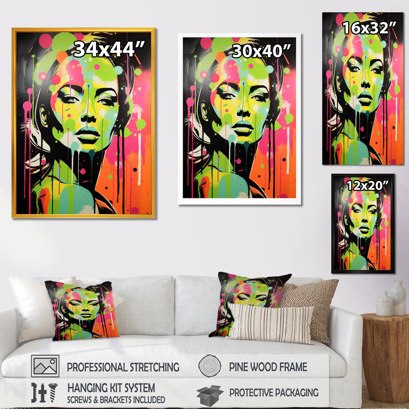 «Green and Pink Graffiti Woman Portrait I», art mural moderne femme, Cadre simple noir, H 32 po x l 24 po x P 1 po