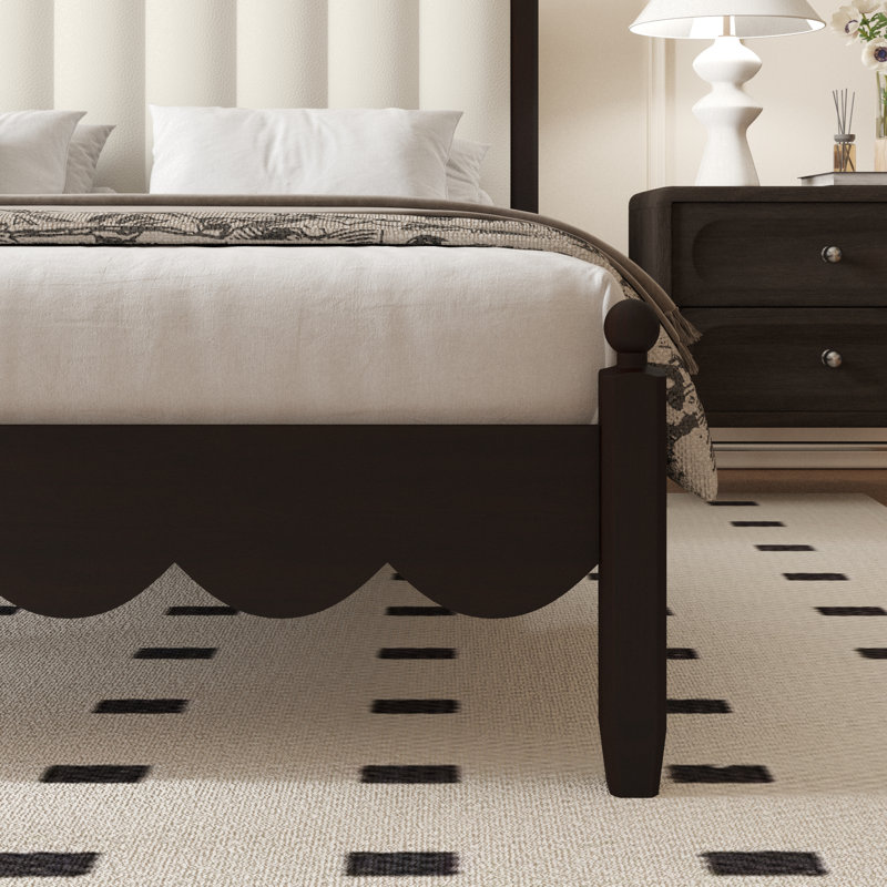 Ines Retro Style Solid Wood Platform Bed Frame with Vegan Leather Upholstered Headboard, White, Queen