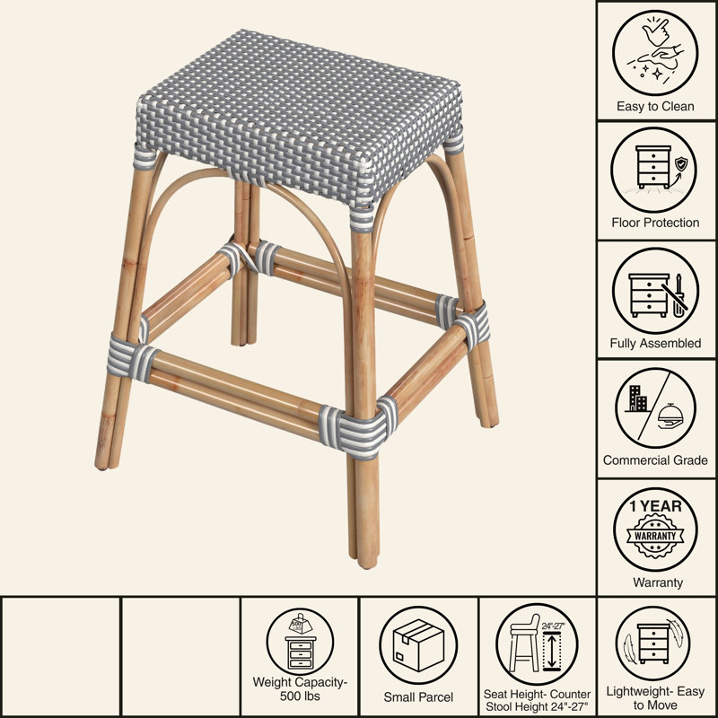 Robias Rattan Bar & Counter Stool, Counter Stool (24.5" Seat Height), Gray/White Dot / Natural Rattan Frame