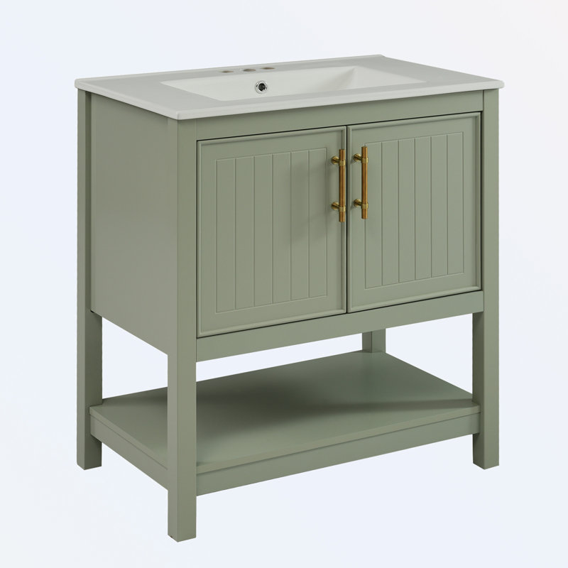 Bathroom Vanity with Ceramic Sink and Versatile Storage, Green
