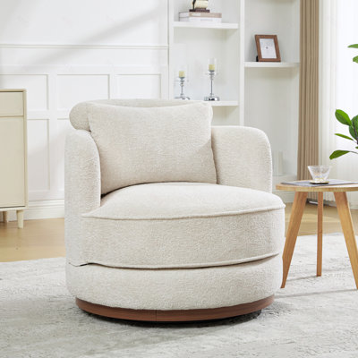 Fauteuil demi-tonneau pivotant de 33,86 po avec chenille, fauteuil pivotant à 360 ° avec 1 coussin moelleux et anneau circulaire en bois, fauteuil pivotant rond avec coussin amovible pour le salon