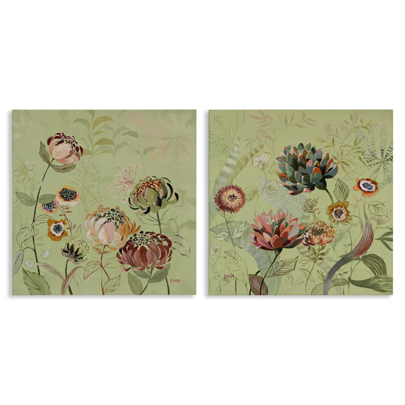 Ensemble de 2 pièces sur fond de chrysanthèmes sur fond vert olive, design par Dusza, H 24 po x l 24 po