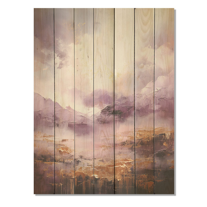 Mauve et doré, lac et montagne V - Paysage abstrait sur bois, H 44 po x l 34 po