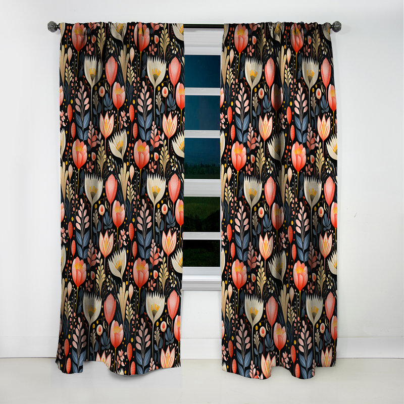 Feuilles multicolores botaniques sur motif noir I - Rideau occultant floral - 1 panneau, L 52 po x L 95 po