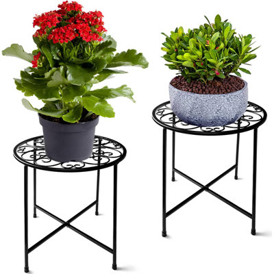 Support à pot de fleurs pliable en métal noir avec revêtement antirouille pour jardin intérieur et extérieur Black Scroll