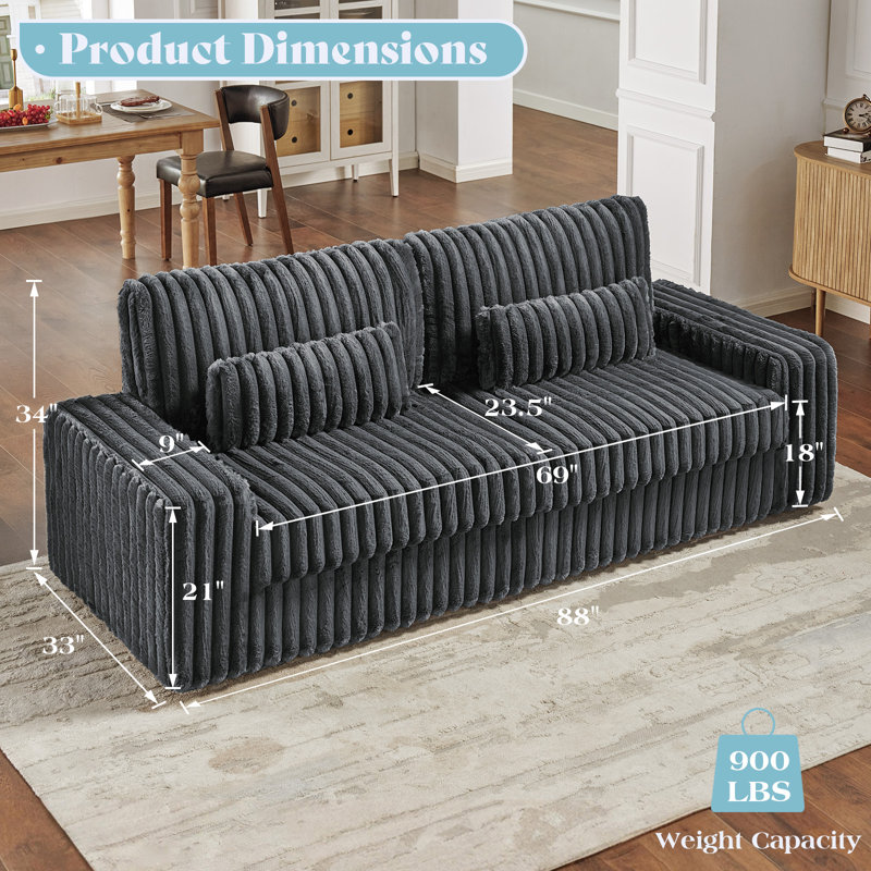 88 Inch Modern Couch, 3 Seater Sofa Couch with Lumbar Pillows and Armrests, Comfy Sofa- Cloud Sofas for living Room, Gray