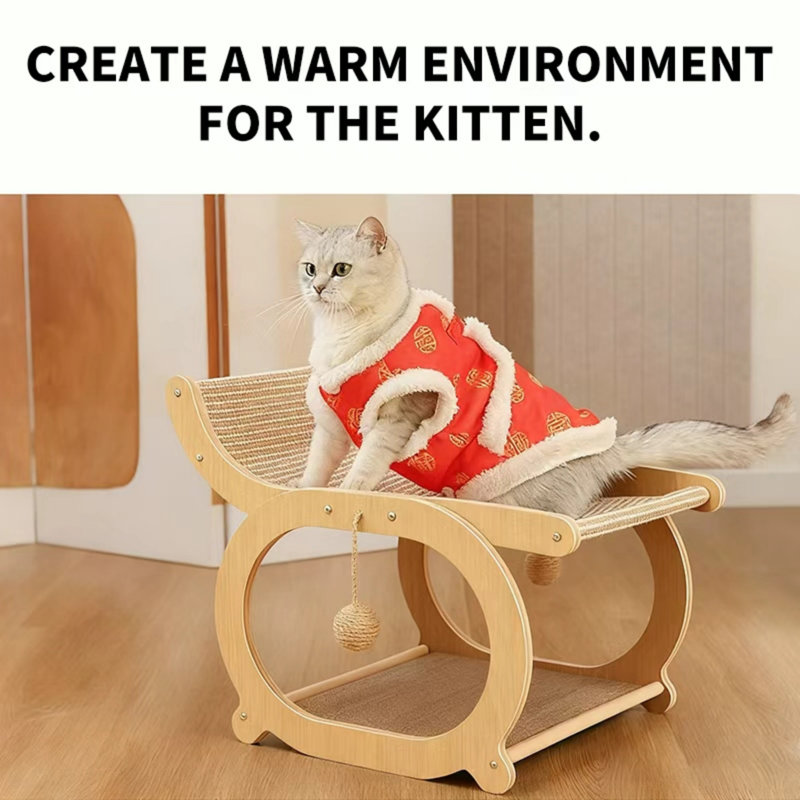 Chaise longue en bois de sisal pour chat, lit à griffer pour chat 2-en-1 avec boules de jouets suspendues et tablette de rangement